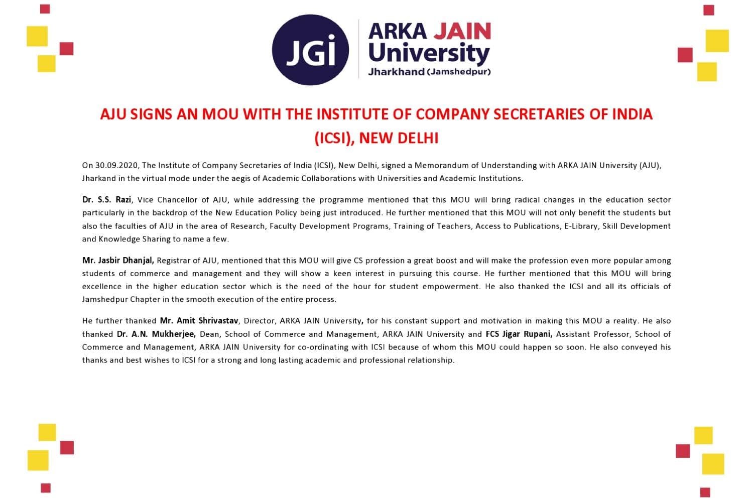 AJU SIGNS AN MOU WITH THE INSTITUTE OF COMPANY SECRETARIES OF INDIA (ICSI), NEW DELHI
