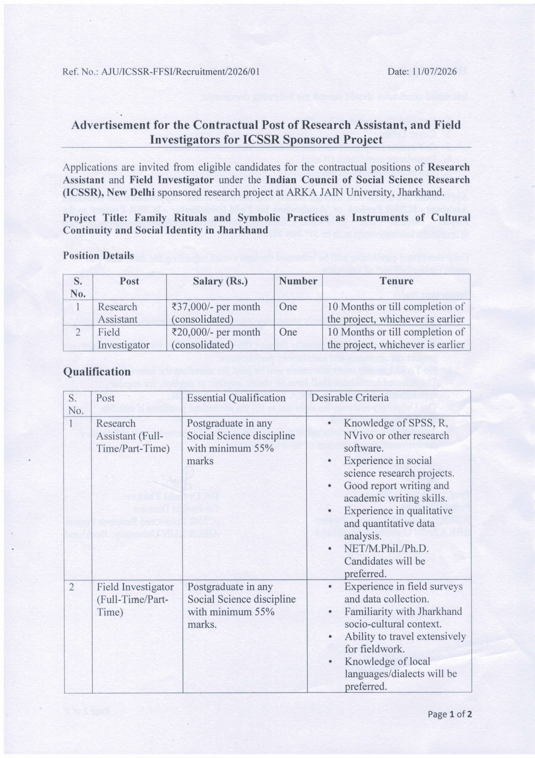Advertisement for Contractual Positions of Research Assistant and Field Investigators under an ICSSR-Sponsored Project – July 2026